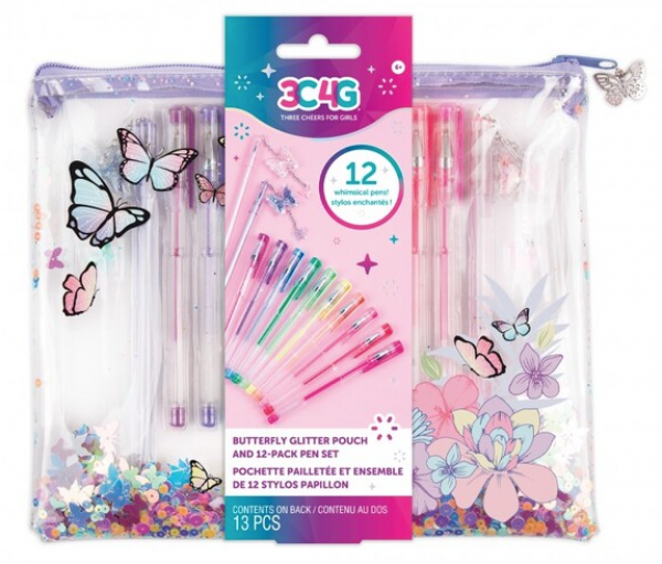 BUTTERFLY GLITT POUCH AND 12 PK PEN SET  (KINA)